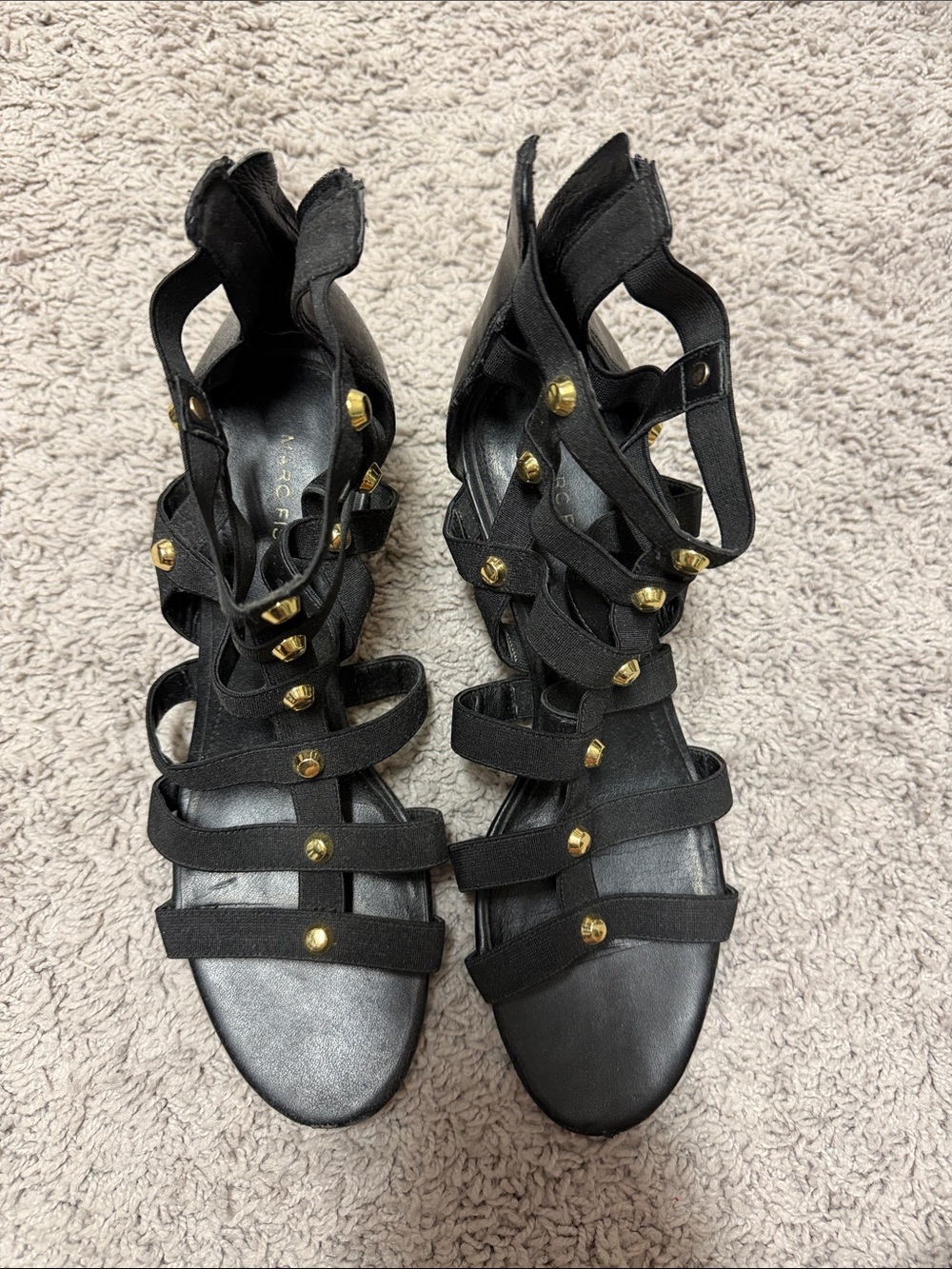 Marc Fisher Black Gladiator Heeled Sandals with Gold Studs